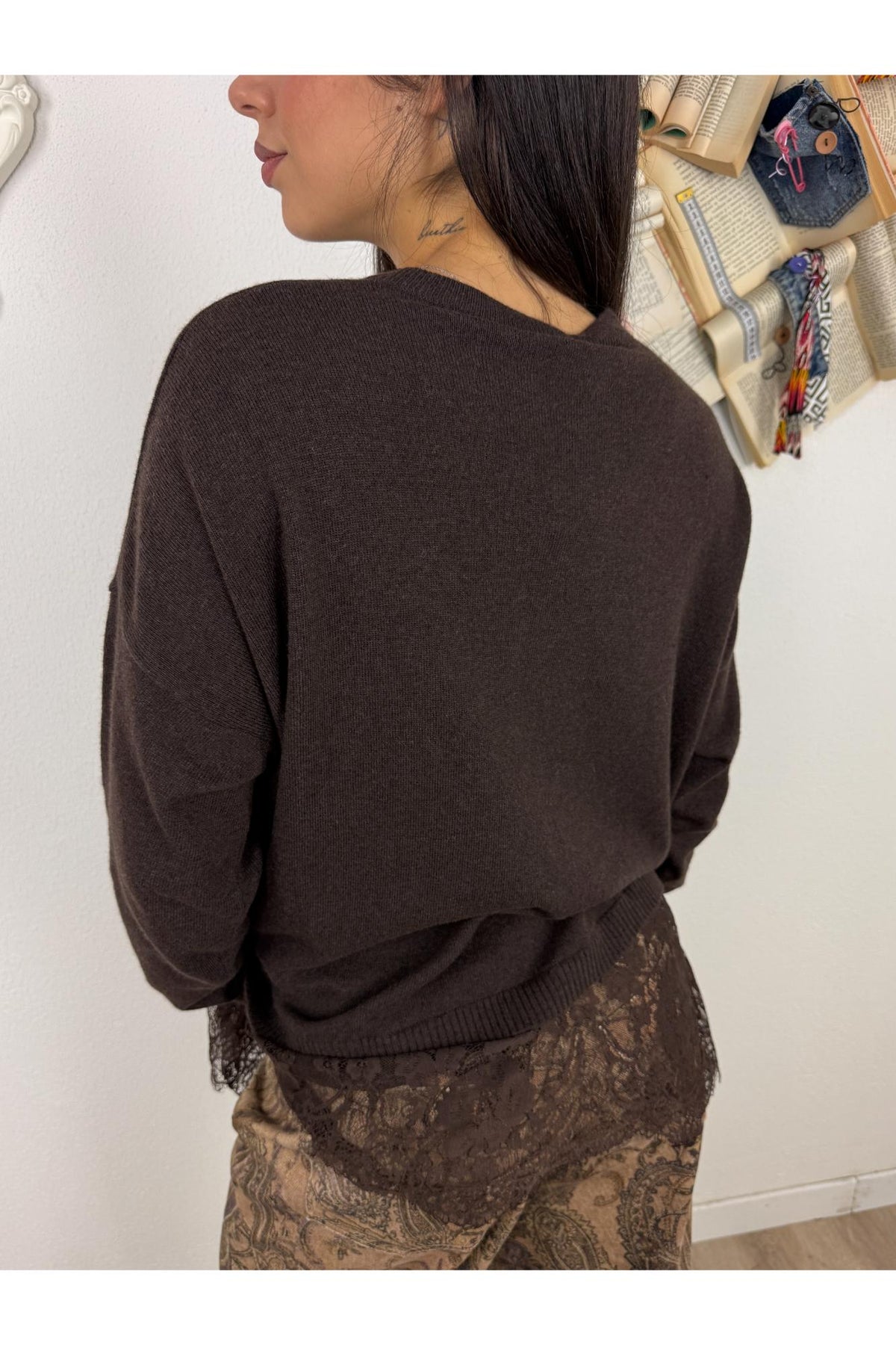 MOTEL Maglione lungo con pizzo Motel Marrone