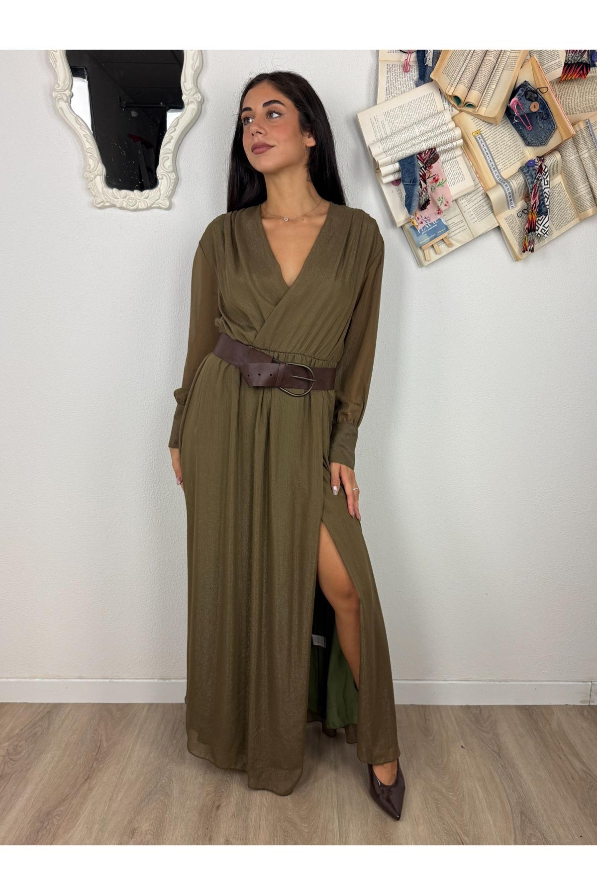 PHILIA LOFT Abito abito lungo con scollatua a v e fili di lurex Philia loft Muschio
