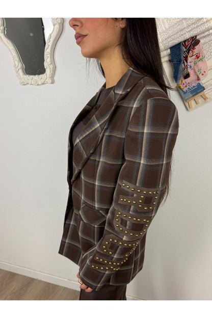 SUSY MIX Giacca over scozzese con scritta Susy mix Beige