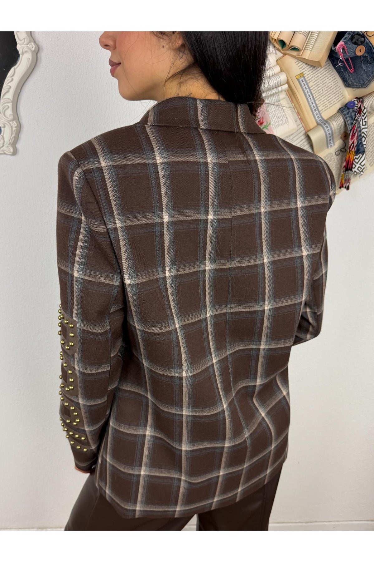 SUSY MIX Giacca over scozzese con scritta Susy mix Beige