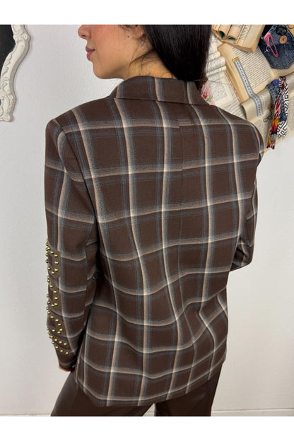 SUSY MIX Giacca over scozzese con scritta Susy mix Beige