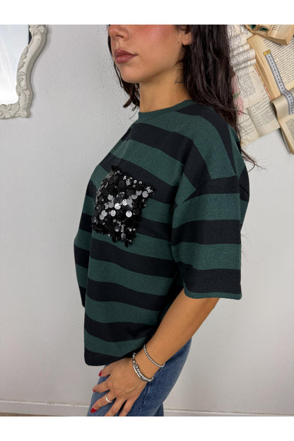 SUSY MIX Maglia rigata con taschino di paillettes Susy mix Verde