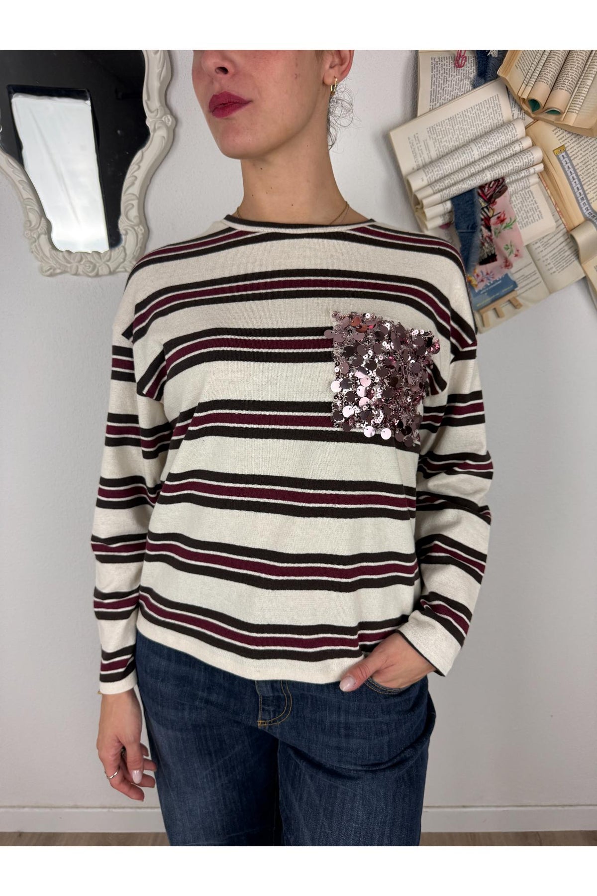 SUSY MIX Maglia rigata con taschino di paillettes Susy mix Burro