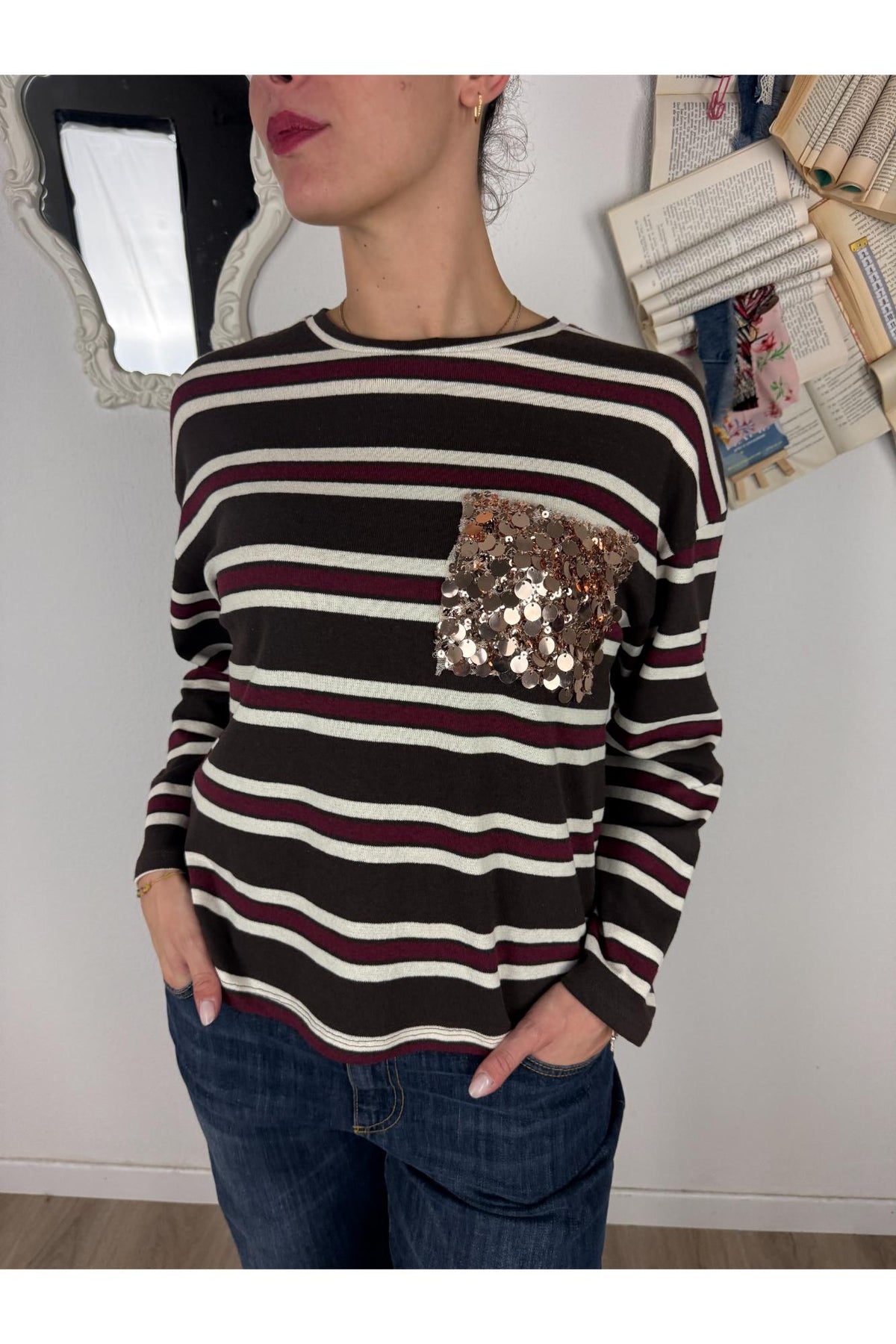 SUSY MIX Maglia rigata con taschino di paillettes Susy mix Moro