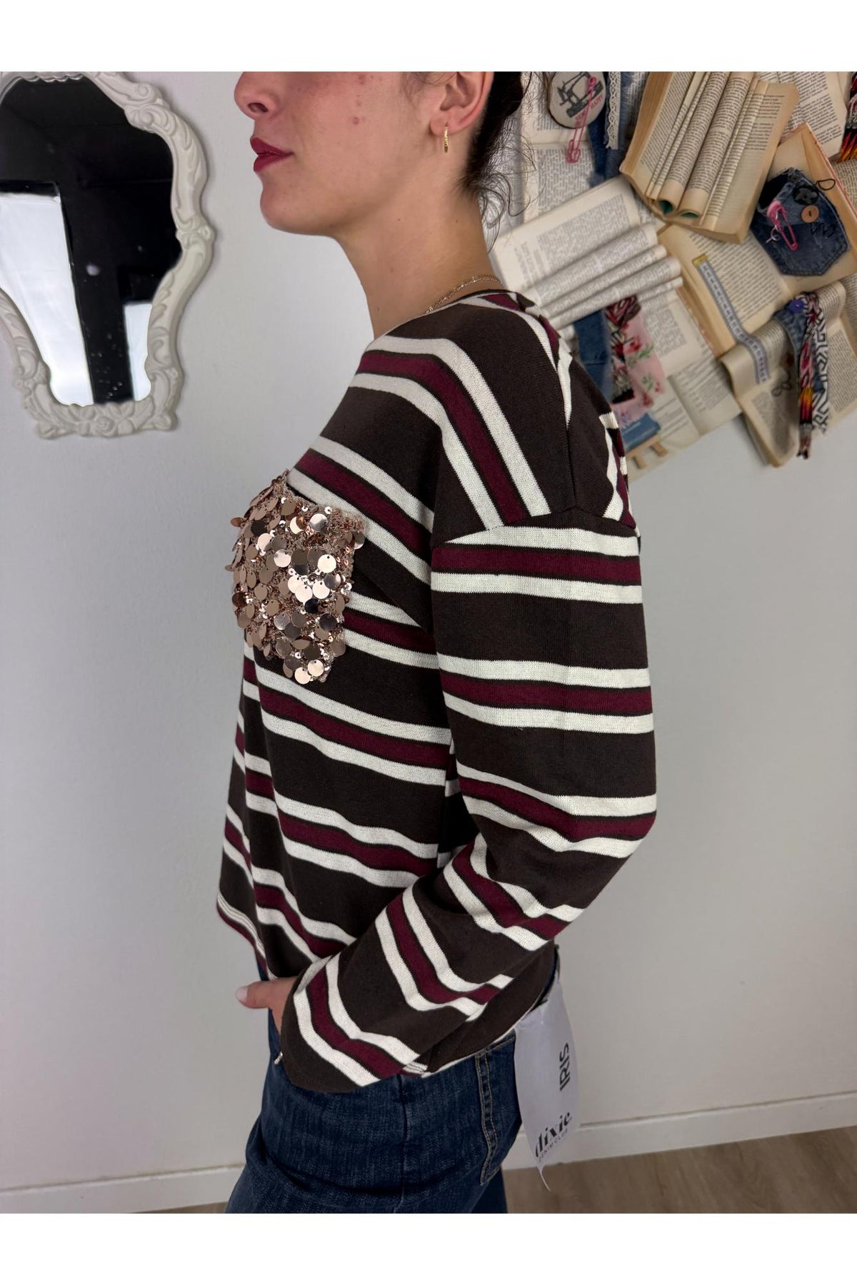 SUSY MIX Maglia rigata con taschino di paillettes Susy mix Moro