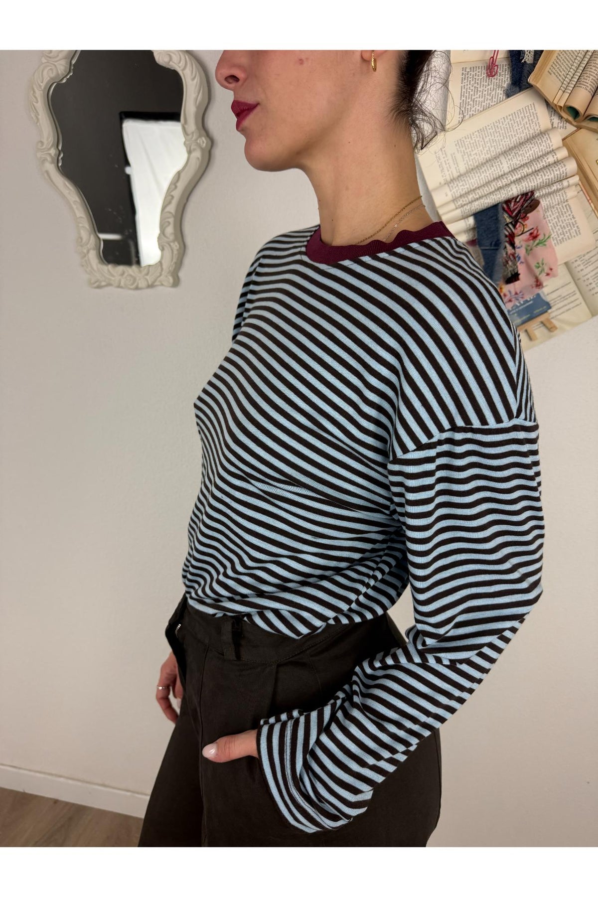 SUSY MIX Maglia rigata con bordino Susy mix Celeste