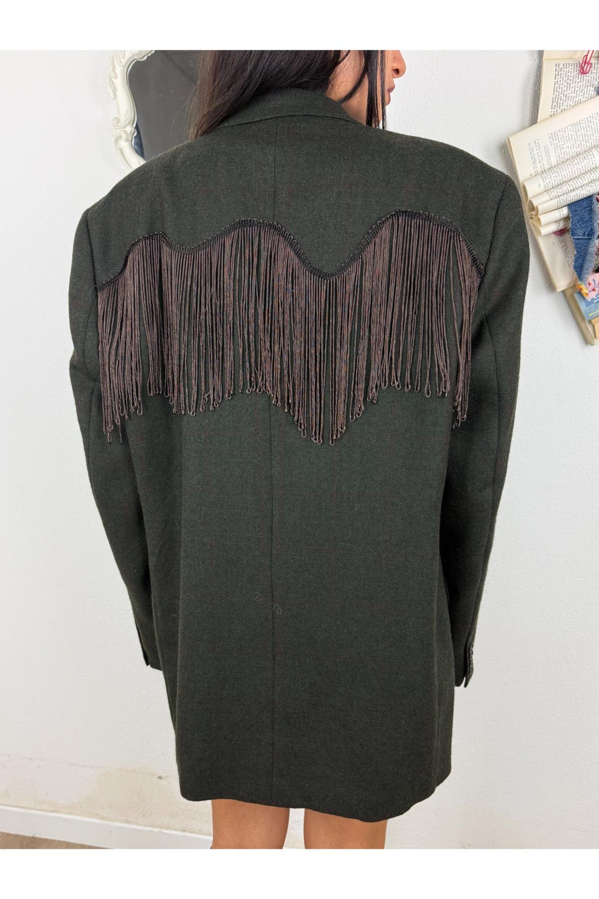 SUSY MIX Giacca vintage a quadretti con frange Susy mix Nero
