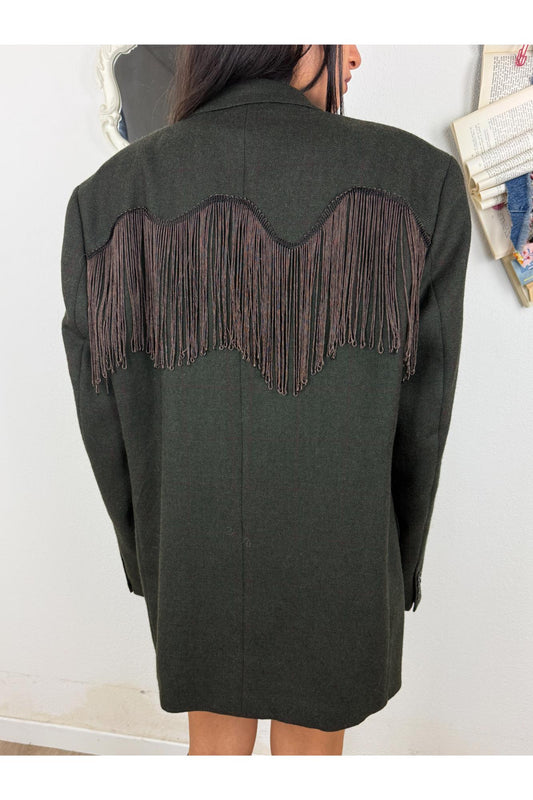 SUSY MIX Giacca vintage a quadretti con frange Susy mix Nero