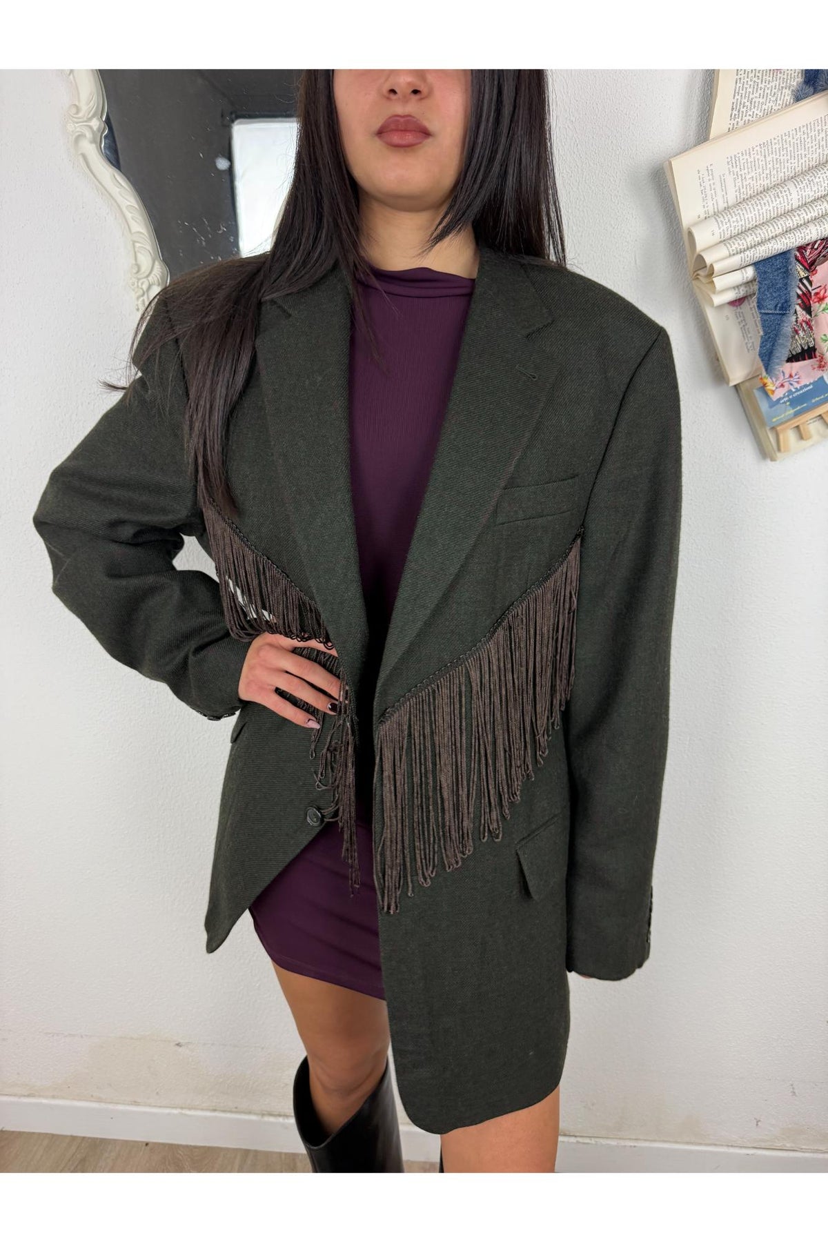 SUSY MIX Giacca vintage a quadretti con frange Susy mix Nero