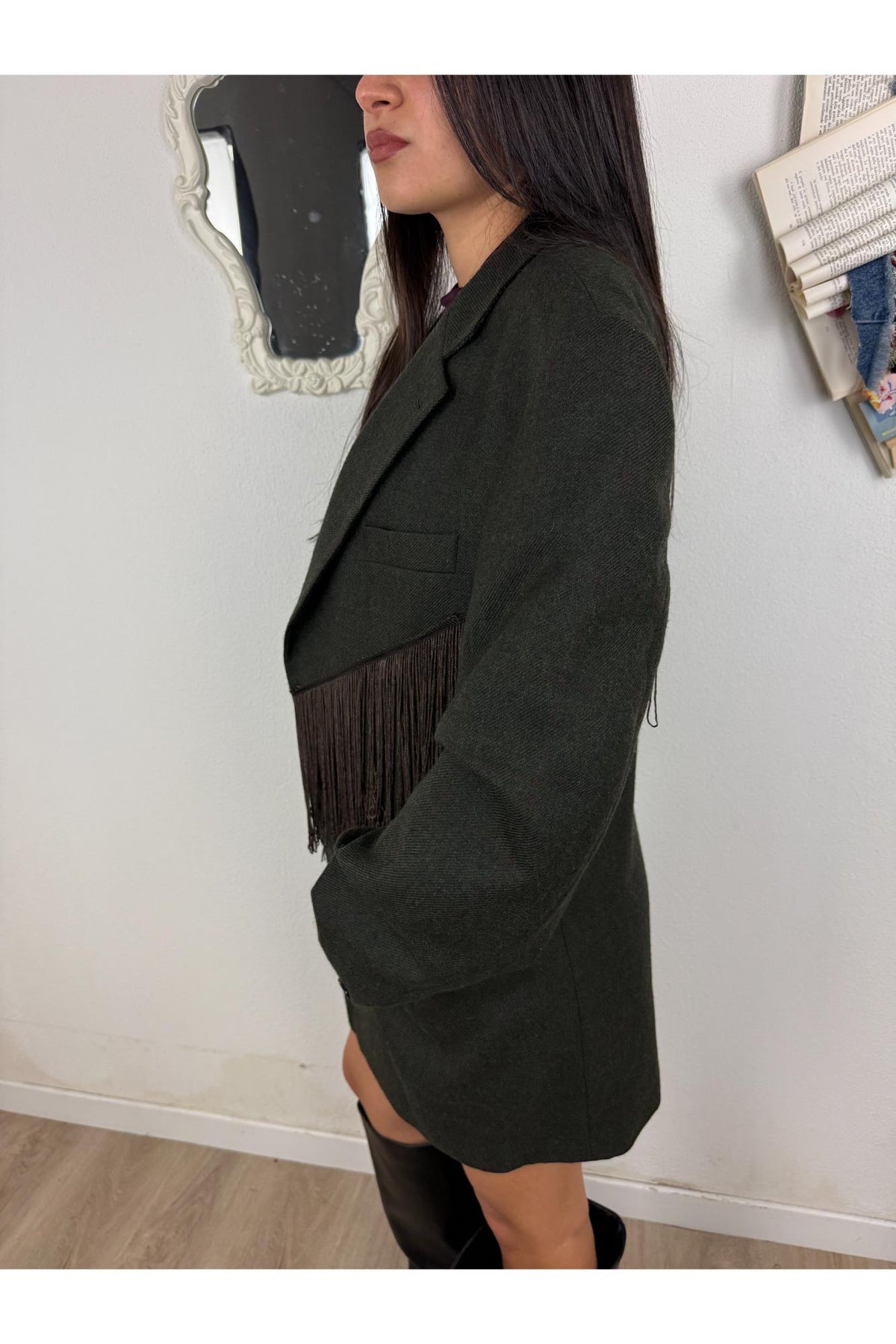 SUSY MIX Giacca vintage a quadretti con frange Susy mix Nero