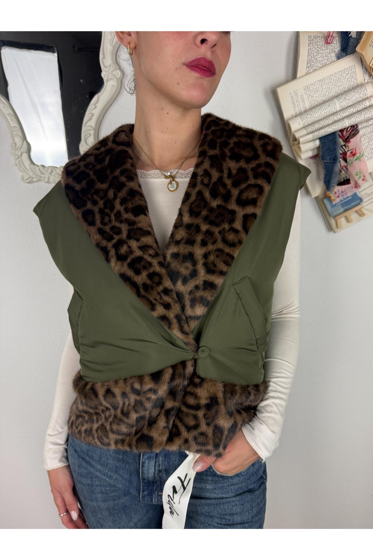 SUSY MIX Gilet impermeabile con pelliccia Susy mix Militare