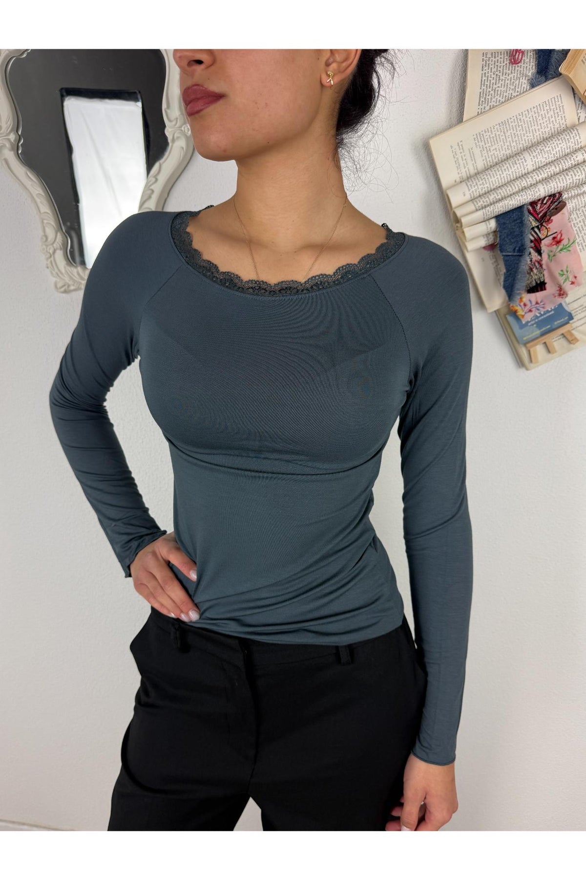 SUSY MIX Maglia barca con merletto Susy mix Grigio