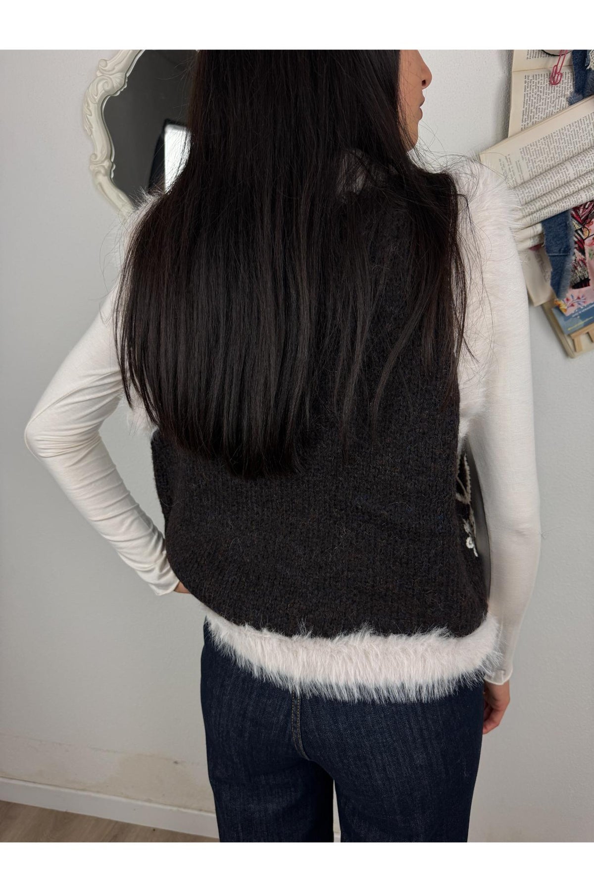 SUSY MIX Gilet ricamato con ecopelliccia Susy mix Marrone
