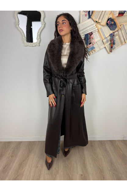 SUSY MIX Cappotto ecopelle con collo di pelliccia removibile Susy mix Moro