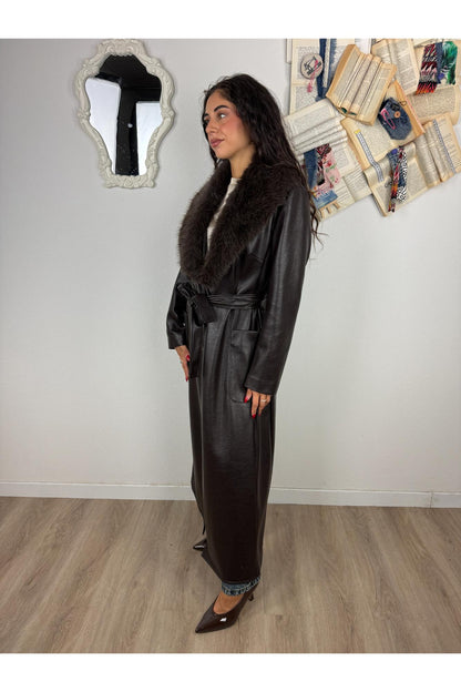 SUSY MIX Cappotto ecopelle con collo di pelliccia removibile Susy mix Moro