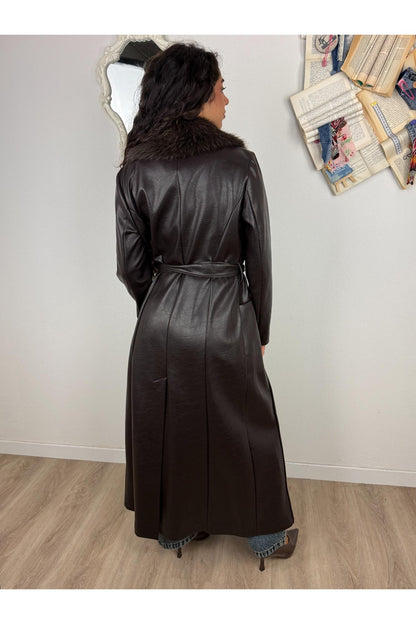 SUSY MIX Cappotto ecopelle con collo di pelliccia removibile Susy mix Moro