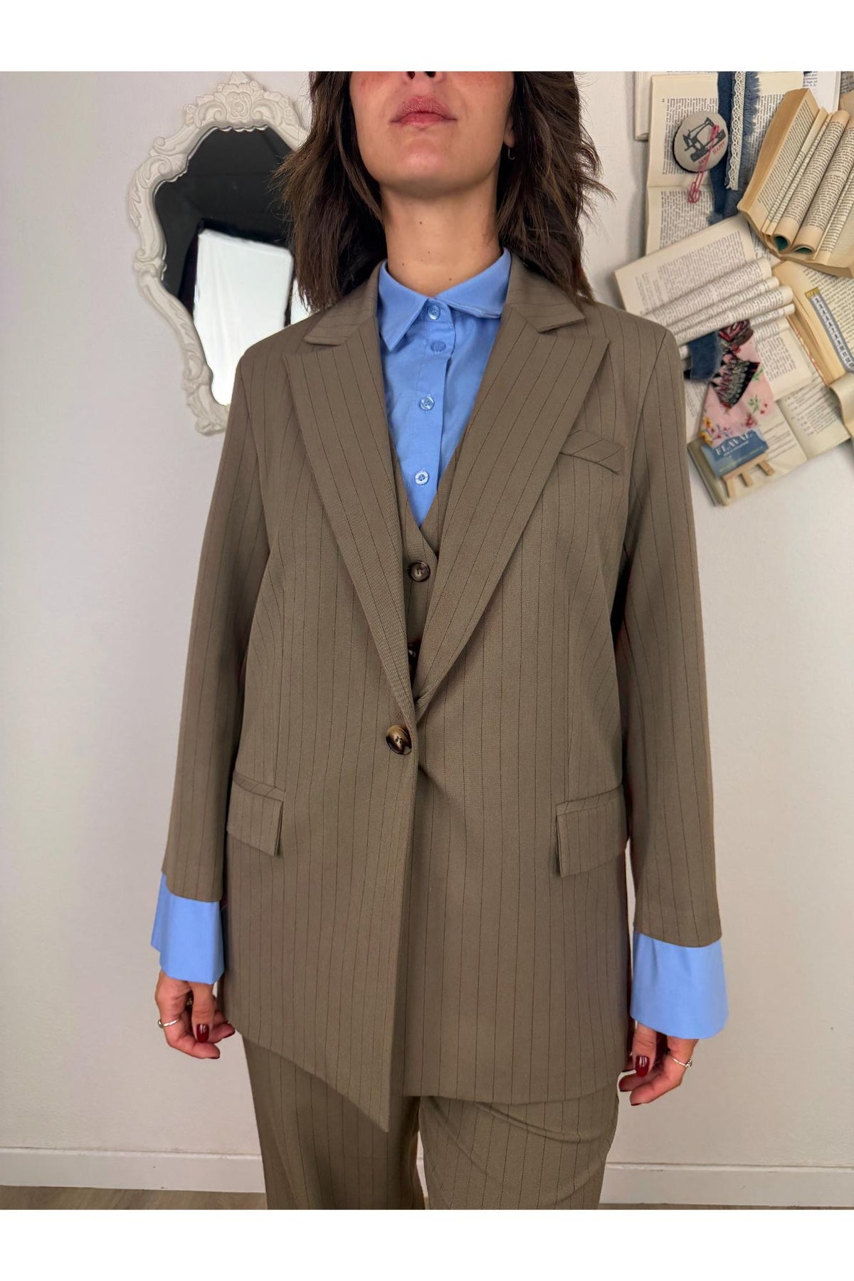 SUSY MIX Giacca gessata con polsini camicia Susy mix Fango
