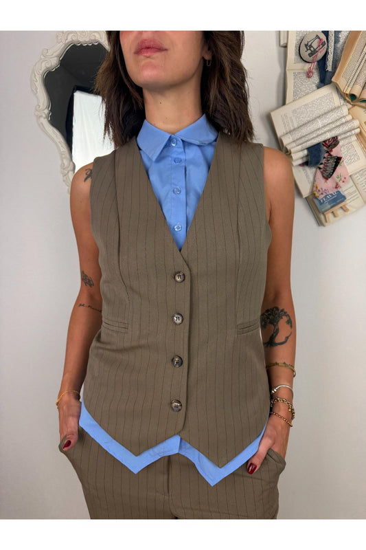 SUSY MIX Gilet gessato con camicia applicata Susy mix Fango
