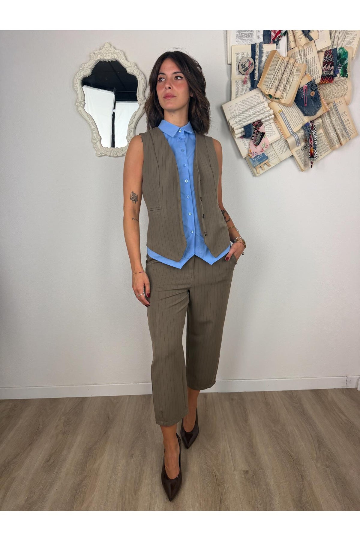 SUSY MIX Gilet gessato con camicia applicata Susy mix Fango