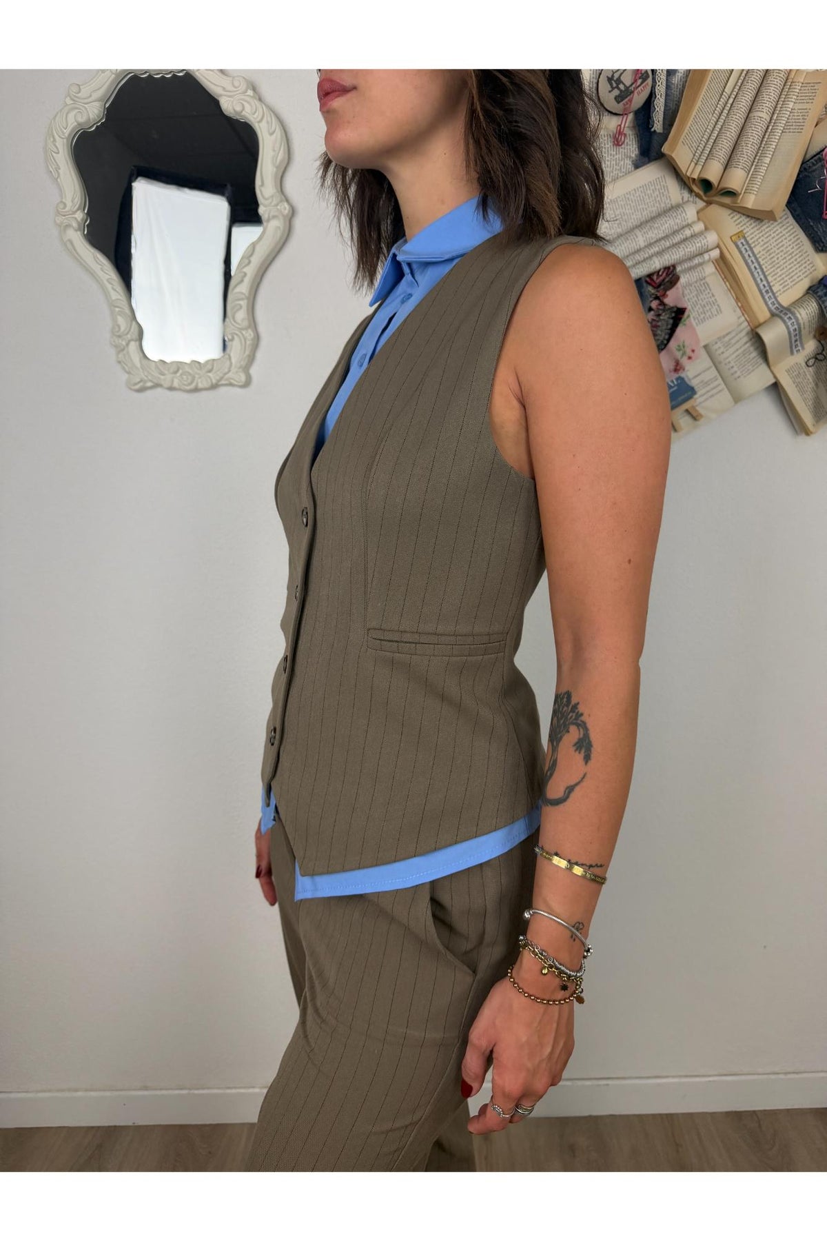 SUSY MIX Gilet gessato con camicia applicata Susy mix Fango