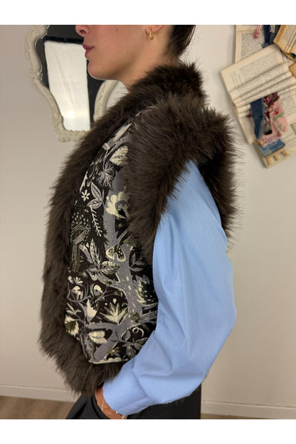 SUSY MIX Gilet jacquard con eco pelliccia Susy mix Moro