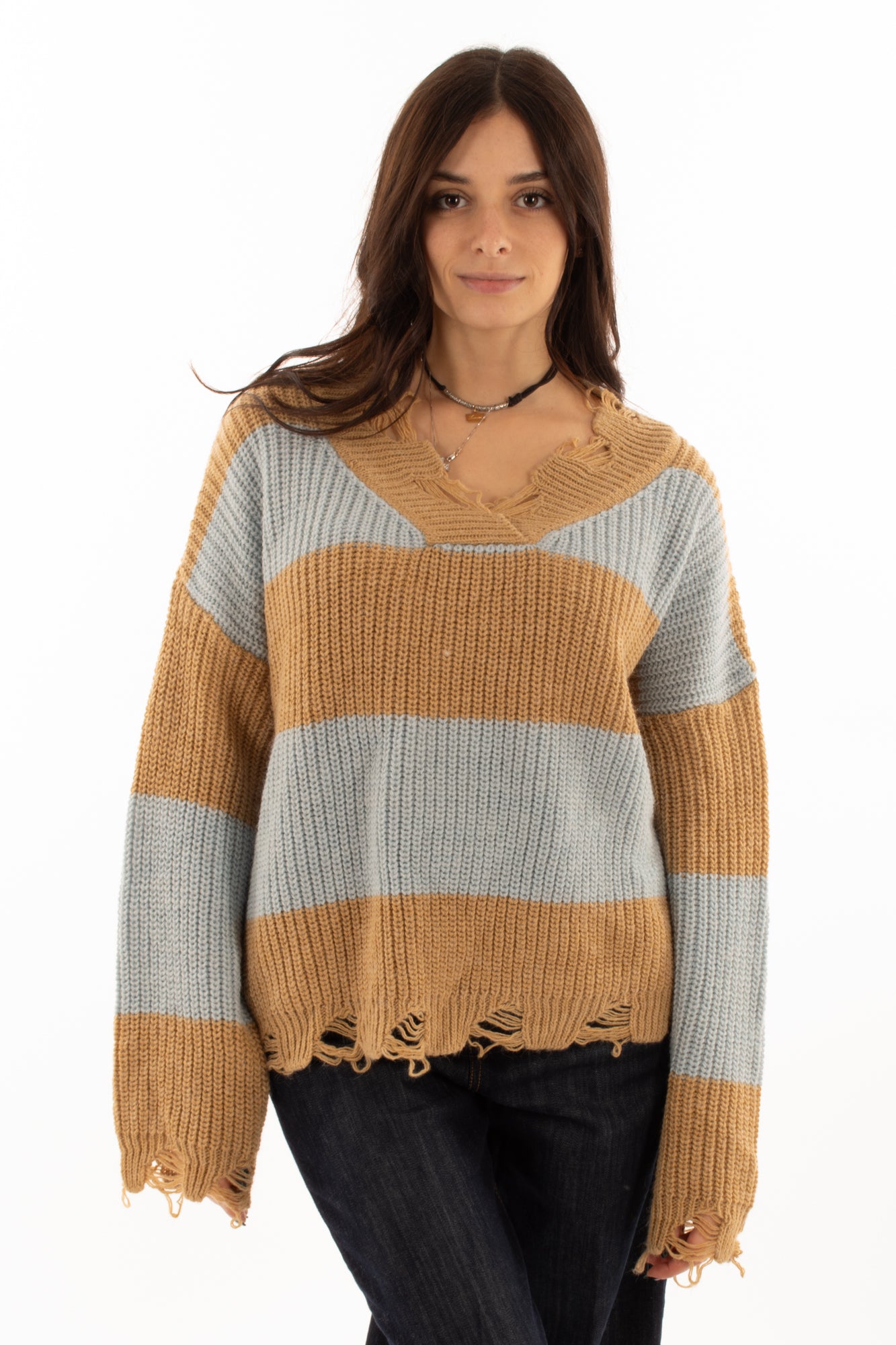 Maglione misto alpaca a v Susy mix - Cammello