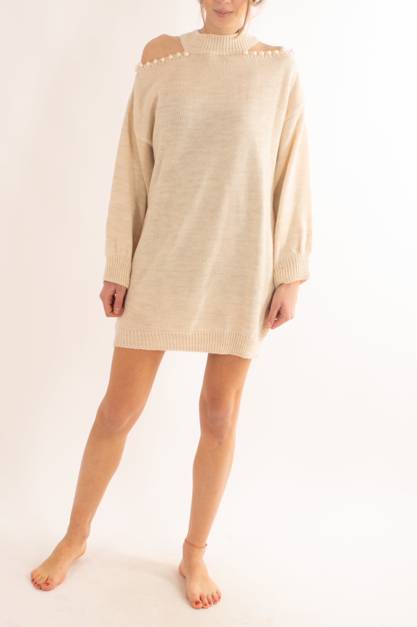 Abito in maglia cut out con perle Susy mix - crema